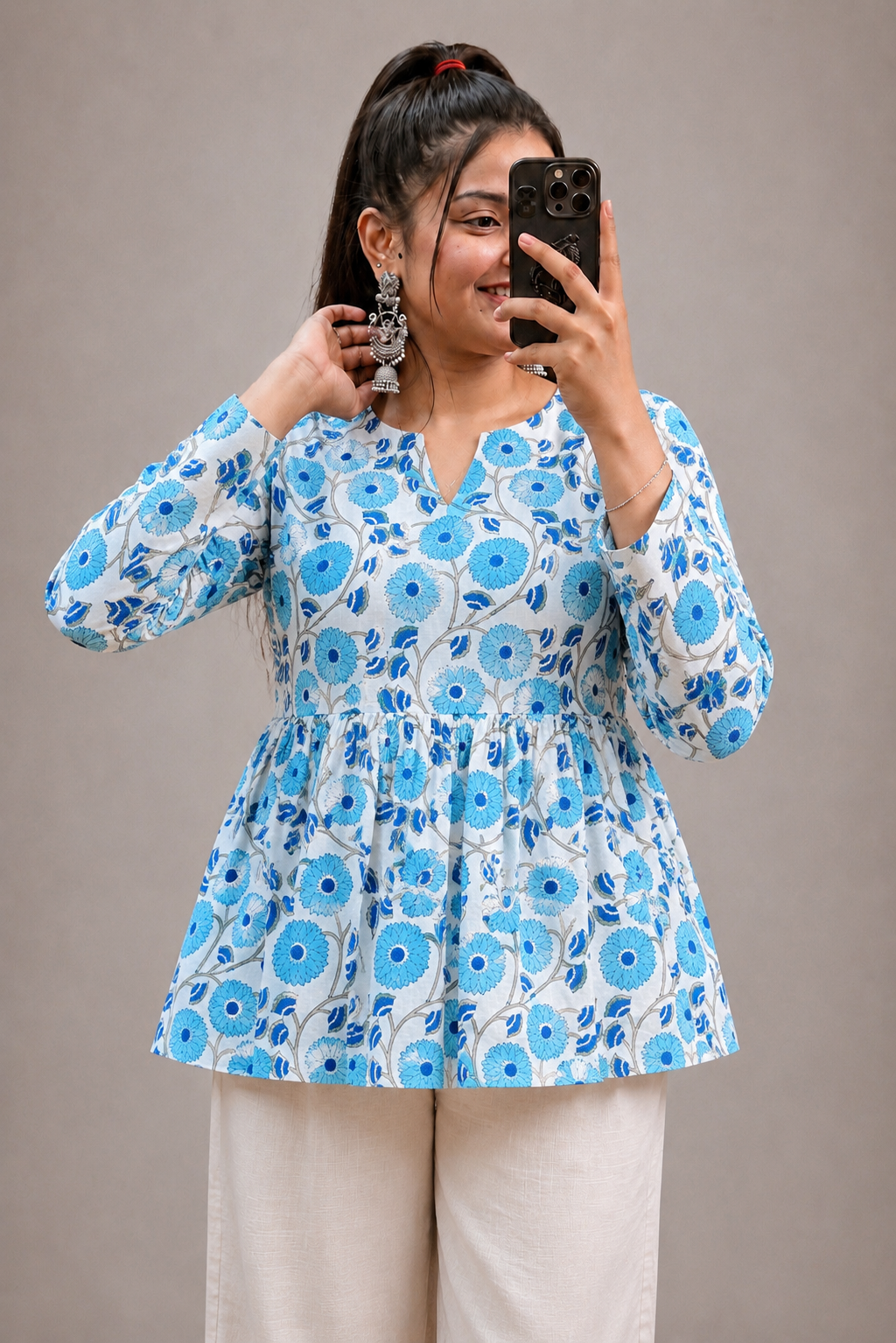 08CB2562-51E2-467B-966E-199551FE092D Handblock Peplum Kurti - Image 1