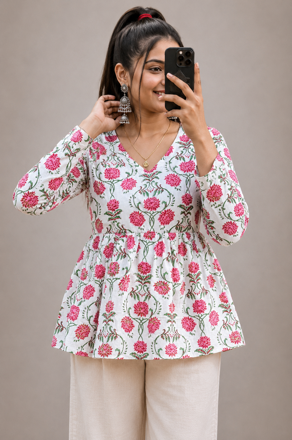 7D791913-08CF-42FF-B2CB-32816B92CE67 Handblock Peplum Kurti - Image 1